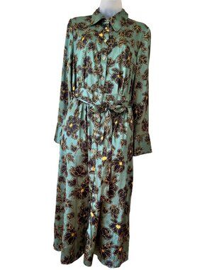 Who What Wear Floral Green Button Down Belted Midi Dress